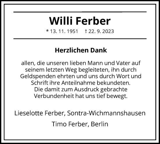 Traueranzeige von Willi Ferber von WRS