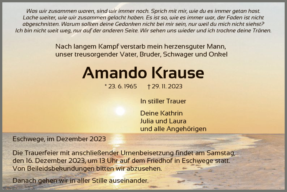  Traueranzeige für Amando Krause vom 06.12.2023 aus WRS
