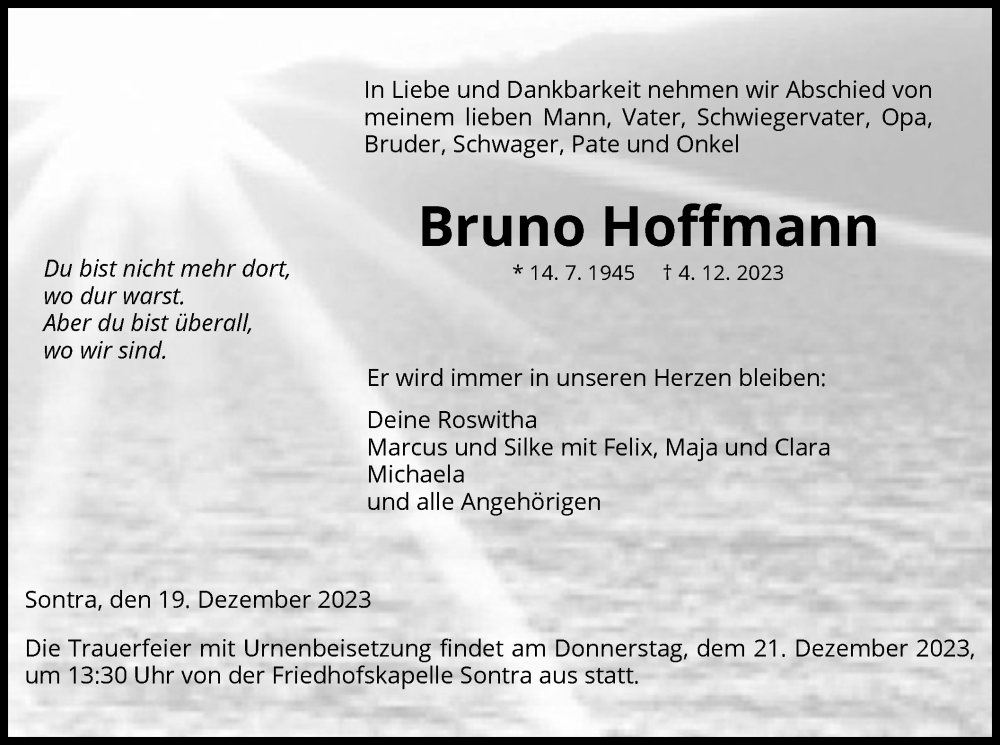  Traueranzeige für Bruno Hoffmann vom 19.12.2023 aus WRSHNA