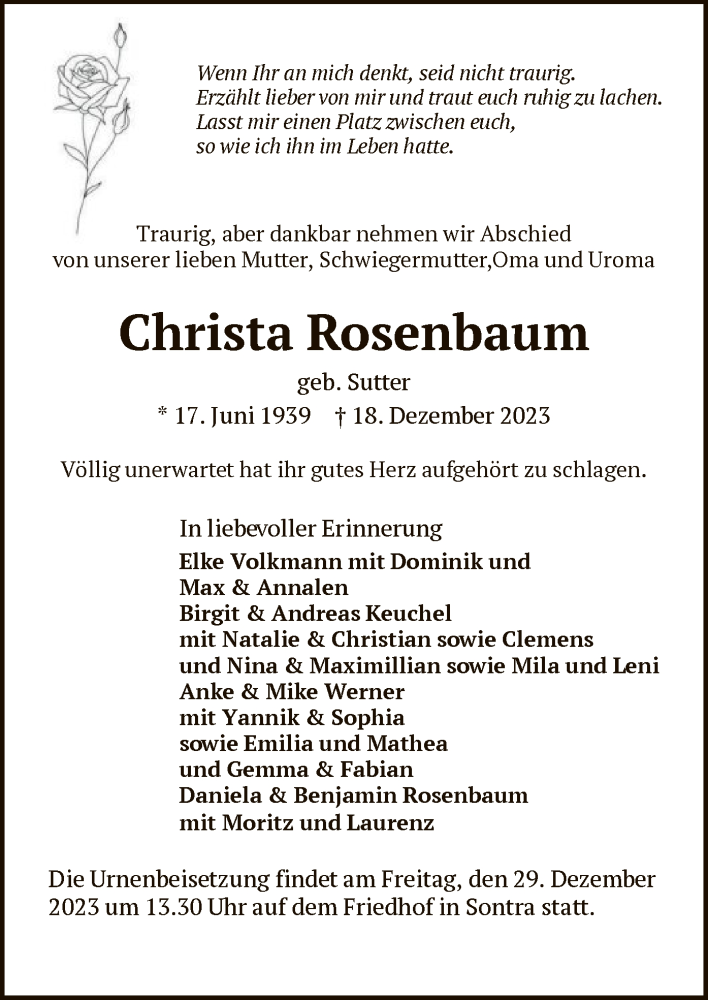  Traueranzeige für Christa Rosenbaum vom 23.12.2023 aus WRS