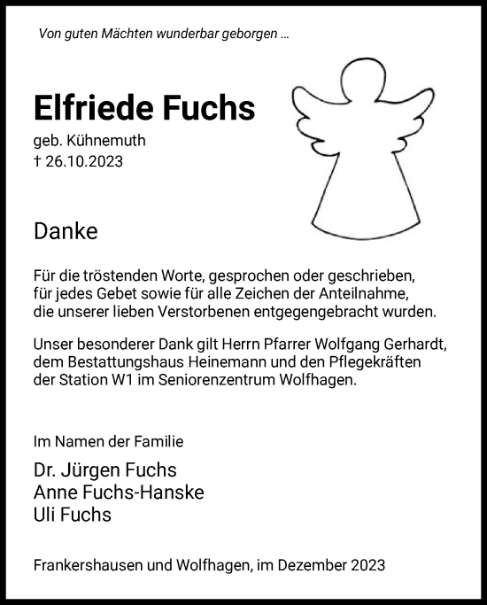 Traueranzeige von Elfriede Fuchs von HNAWRS