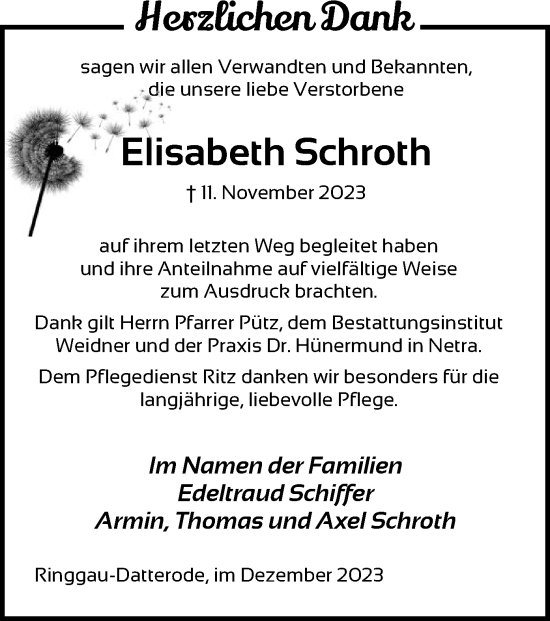 Traueranzeige von Elisabeth Schroth von WRS