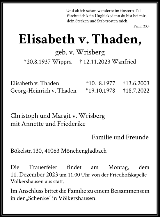 Traueranzeige von Elisabeth  v. Thaden von WRS
