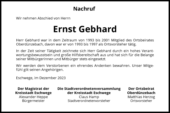 Traueranzeige von Ernst Gebhard von WRS