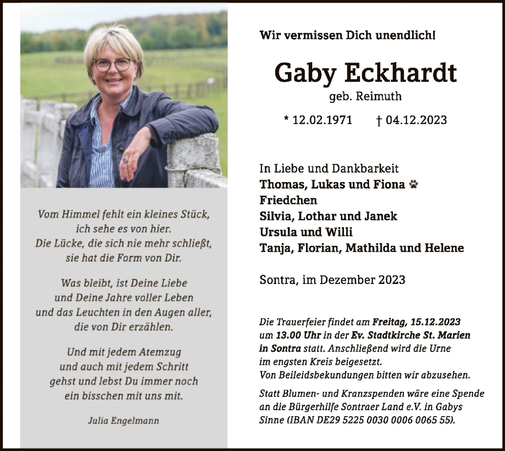  Traueranzeige für Gaby Eckhardt vom 13.12.2023 aus WRS