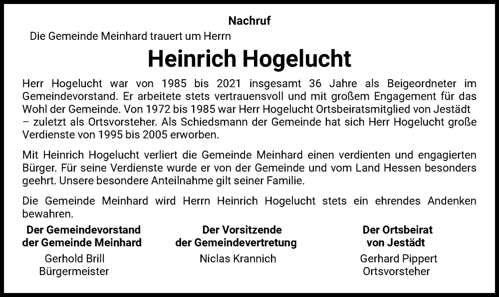  Traueranzeige für Heinrich Hogelucht vom 23.12.2023 aus WRS
