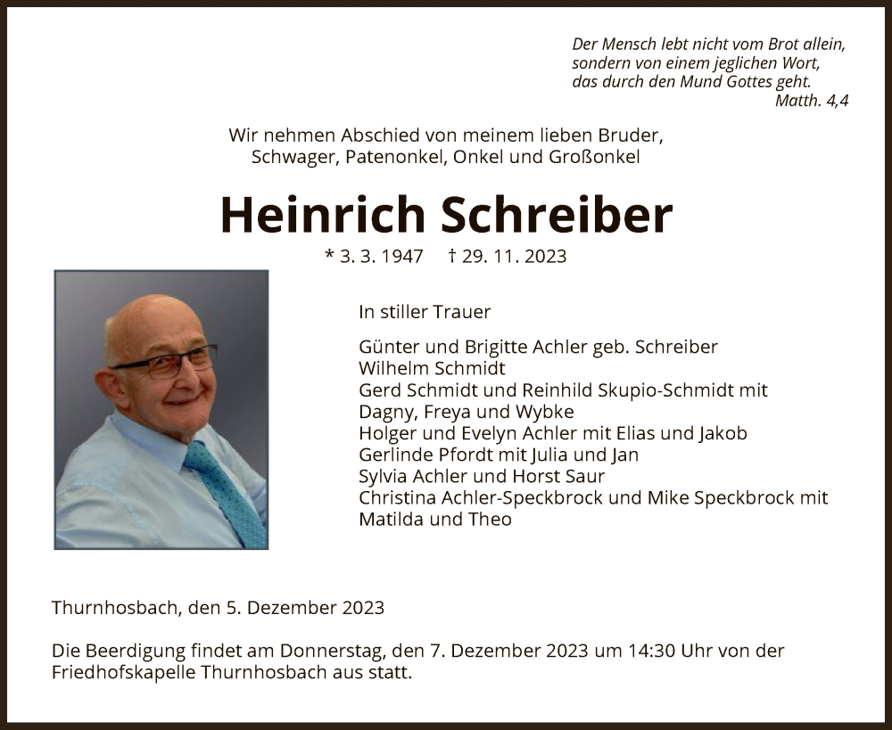  Traueranzeige für Heinrich Schreiber vom 05.12.2023 aus WRS
