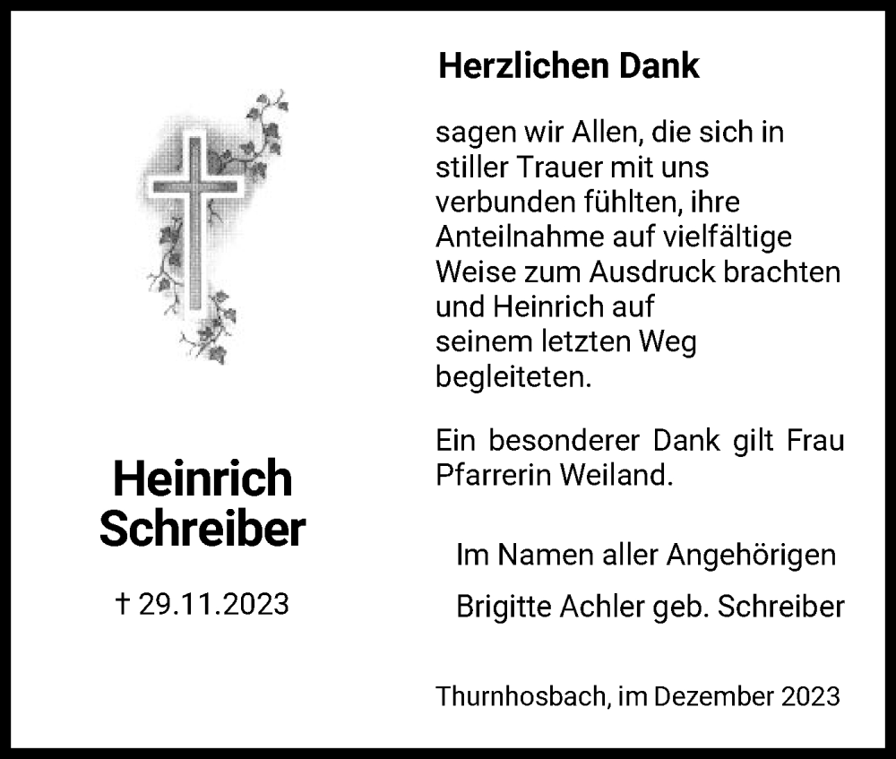  Traueranzeige für Heinrich Schreiber vom 23.12.2023 aus WRS