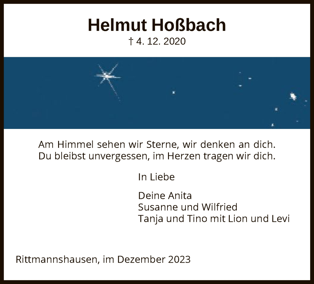  Traueranzeige für Helmut Hoßbach vom 04.12.2023 aus WRS