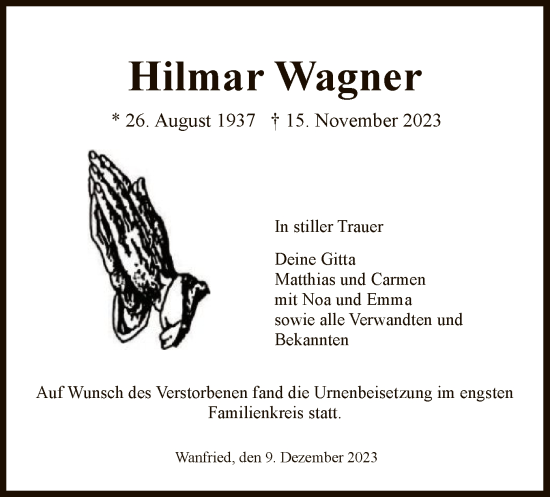 Traueranzeige von Hilmar Wagner von WRS