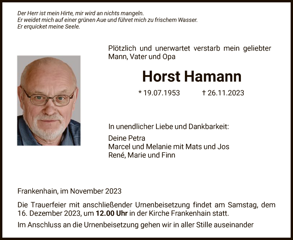  Traueranzeige für Horst Hamann vom 09.12.2023 aus HNAWRS