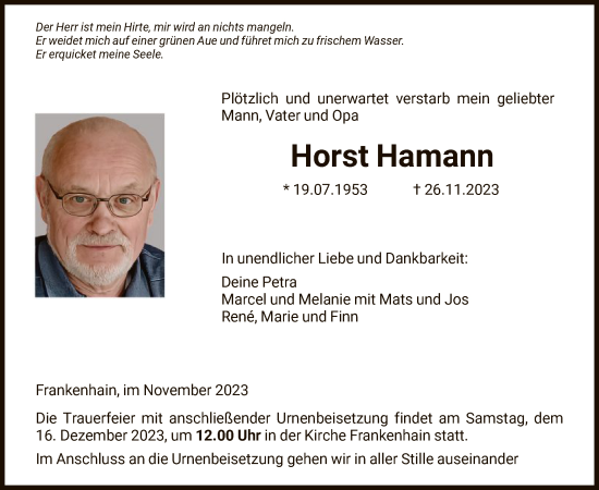 Traueranzeige von Horst Hamann von HNAWRS