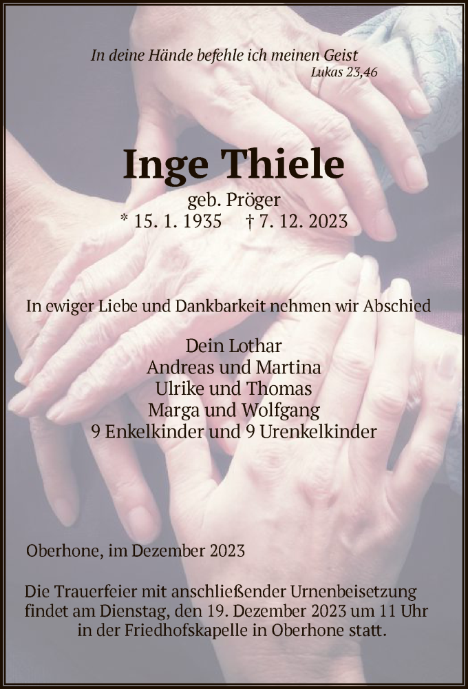  Traueranzeige für Inge Thiele vom 16.12.2023 aus WRS