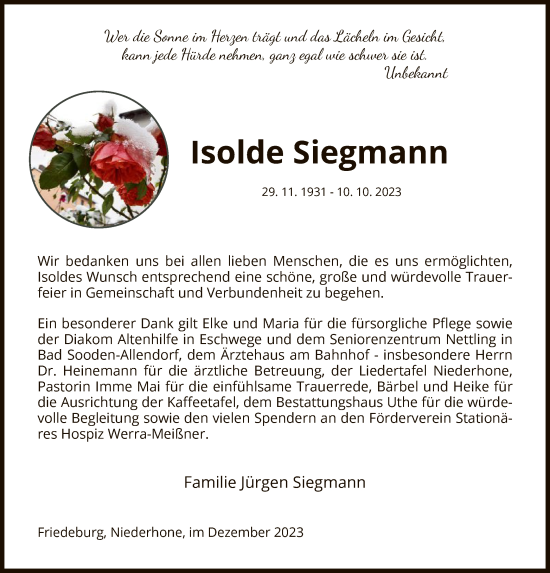 Traueranzeige von Isolde Siegmann von WRS