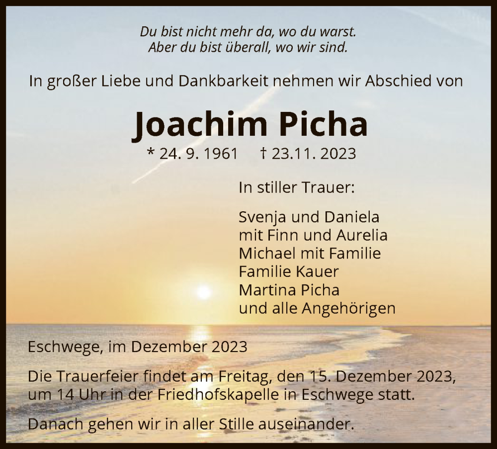  Traueranzeige für Joachim Picha vom 12.12.2023 aus WRS