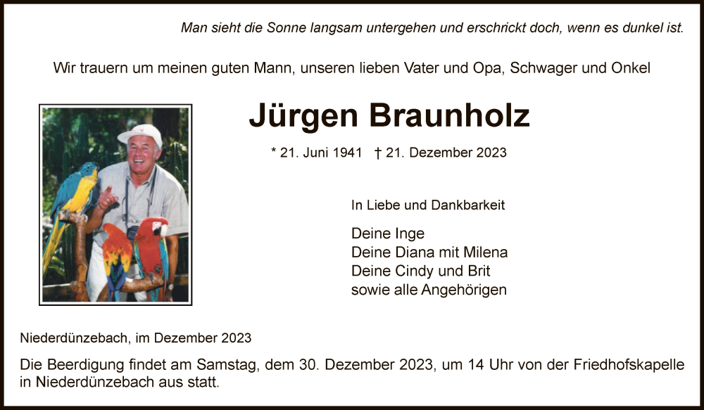  Traueranzeige für Jürgen Braunholz vom 28.12.2023 aus WRS