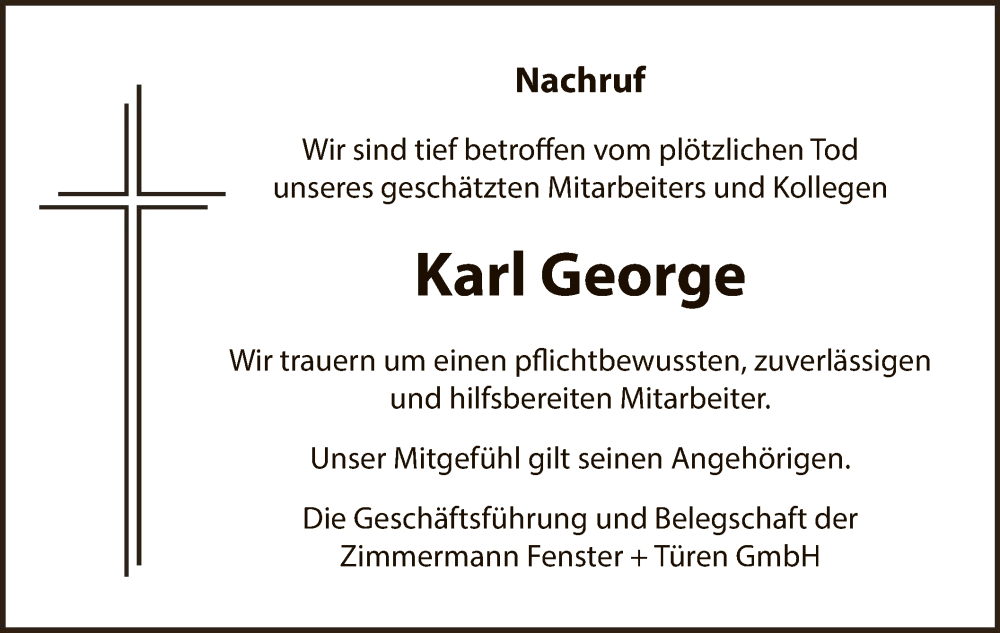  Traueranzeige für Karl George vom 23.12.2023 aus WRS