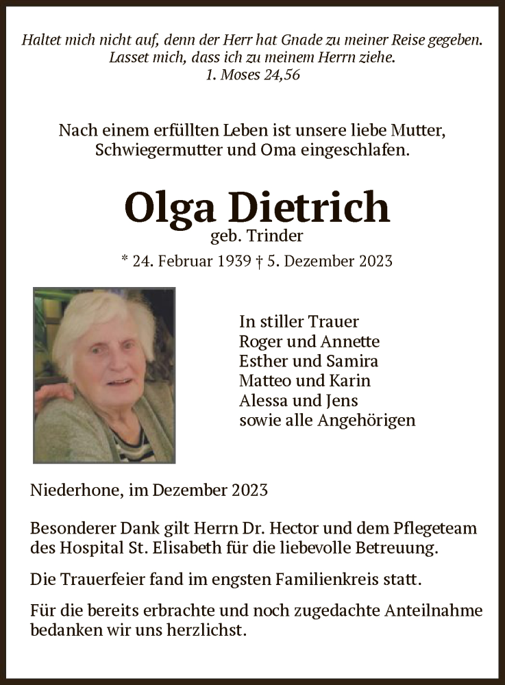  Traueranzeige für Olga Dietrich vom 22.12.2023 aus WRS