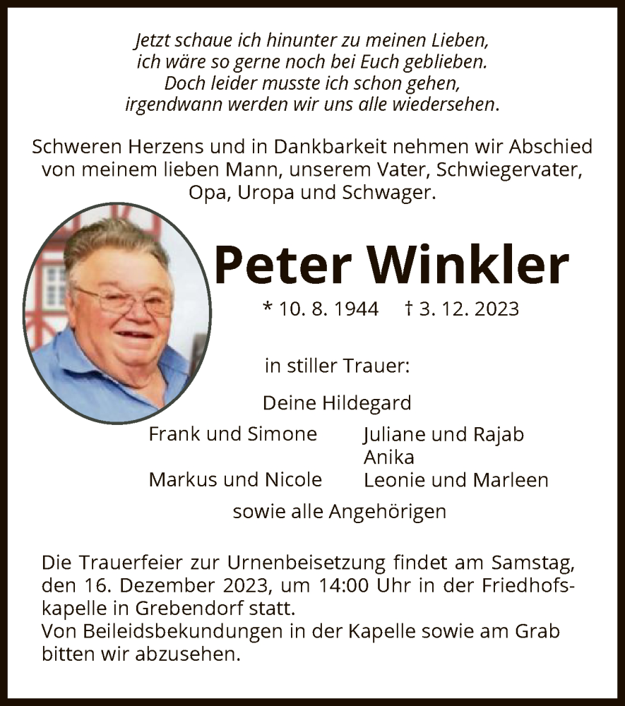  Traueranzeige für Peter Winkler vom 13.12.2023 aus WRS