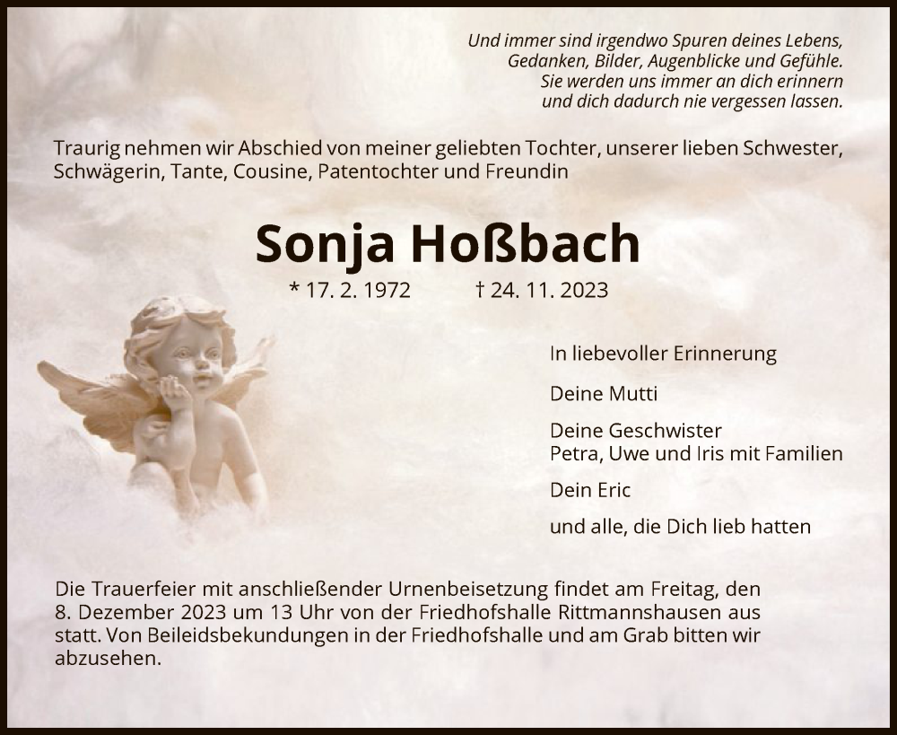  Traueranzeige für Sonja Hoßbach vom 06.12.2023 aus WRS