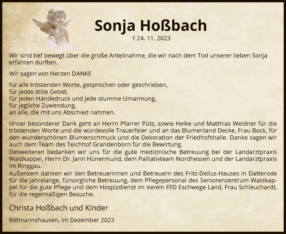  Traueranzeige für Sonja Hoßbach vom 20.12.2023 aus WRS