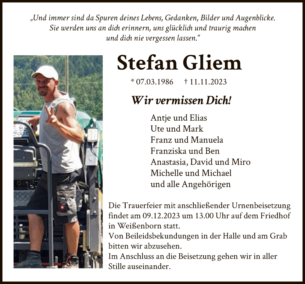  Traueranzeige für Stefan Gliem vom 06.12.2023 aus WRSWRS