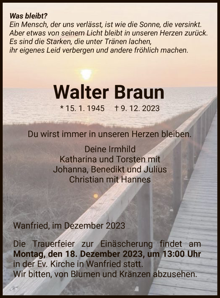  Traueranzeige für Walter Braun vom 16.12.2023 aus WRS