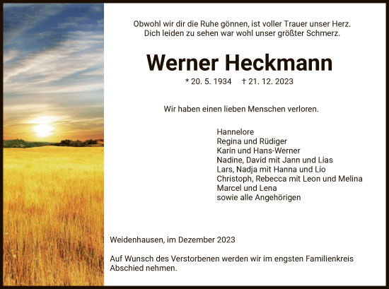 Traueranzeige von Werner Heckmann von WRS