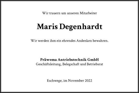 Traueranzeige von Maris Degenhardt von WRS