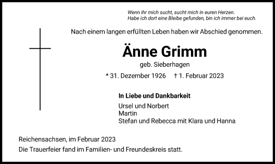 Traueranzeige von Änne Grimm von WRS