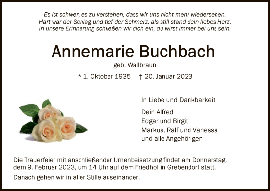 Traueranzeige von Annemarie Buchbach von WRS