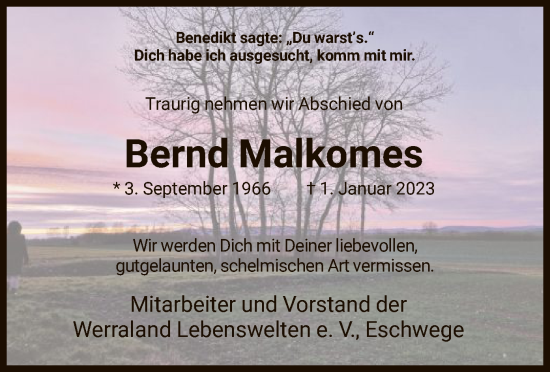 Traueranzeige von Bernd Malkomes von WRS