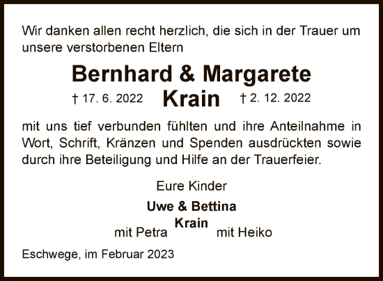 Traueranzeige von Bernhard und Margarete Krain von WRS