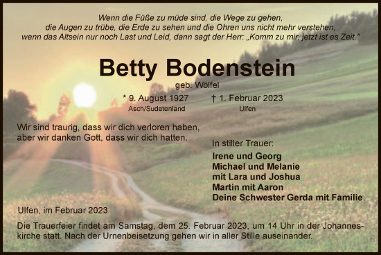 Traueranzeige von Betty Bodenstein von WRS