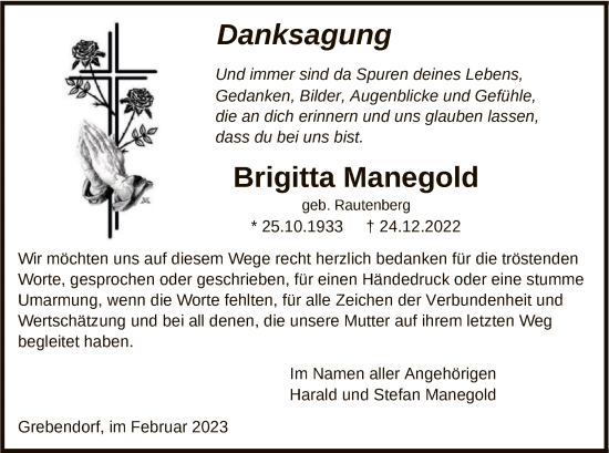 Traueranzeige von Brigitta Manegold von WRS