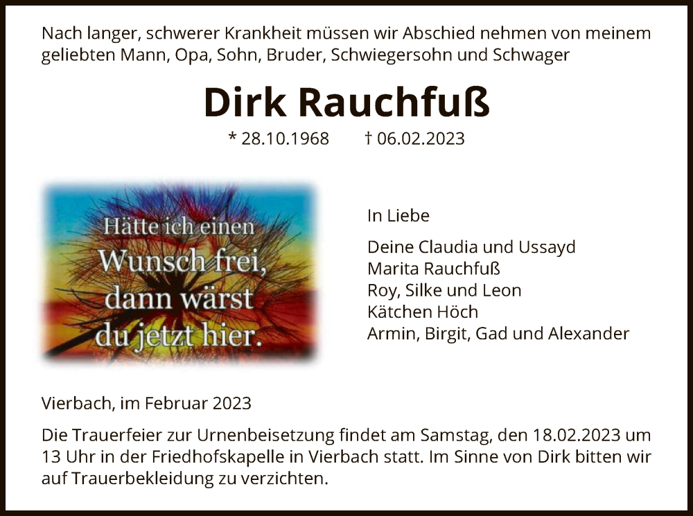  Traueranzeige für Dirk Rauchfuß vom 15.02.2023 aus WRS