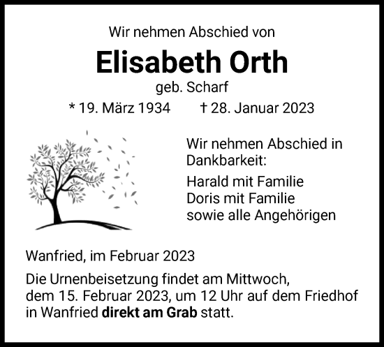 Traueranzeige von Elisabeth Orth von WRS