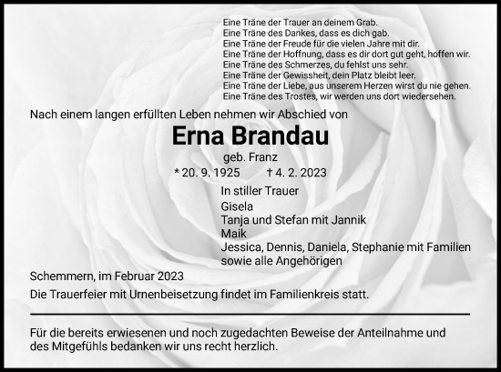 Traueranzeige von Erna Brandau von WRS