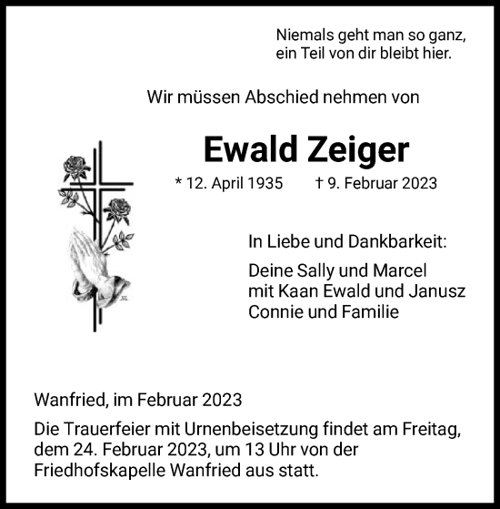 Traueranzeige von Ewald Zeiger von WRS
