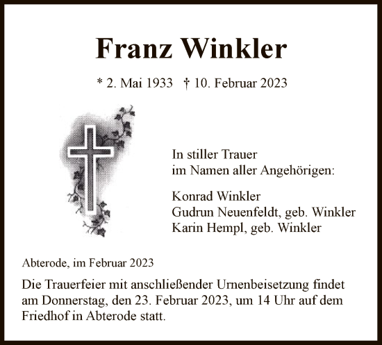 Traueranzeige von Franz Winkler von WRS