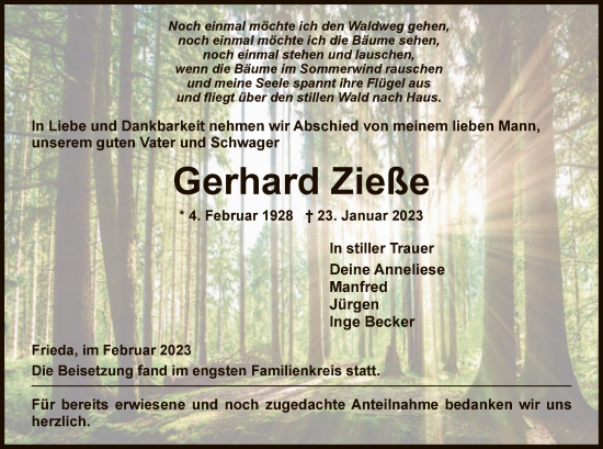 Traueranzeige von Gerhard Zieße von WRS