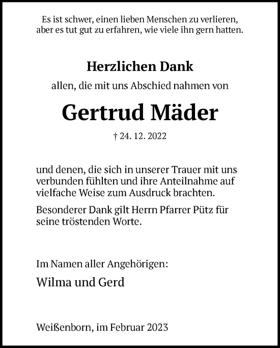 Traueranzeige von Gertrud Mäder von WRS