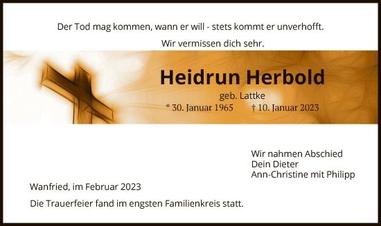 Traueranzeige von Heidrun Herbold von WRS