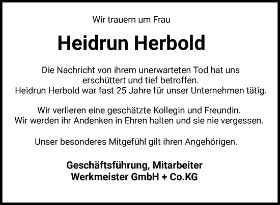 Traueranzeige von Heidrun Herbold von WRS