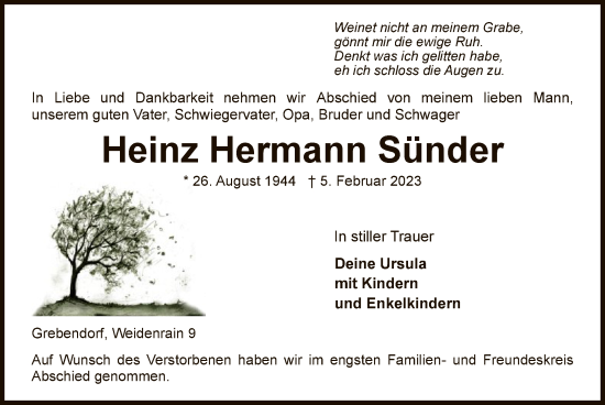 Traueranzeige von Heinz Hermann Sünder von WRS