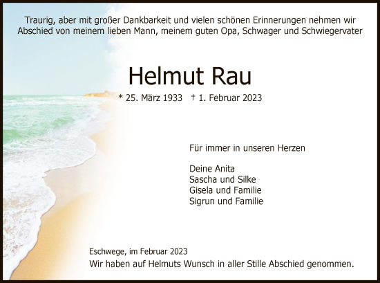 Traueranzeige von Helmut Rau von WRS