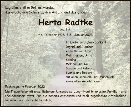 Traueranzeige von Herta Radtke von WRS