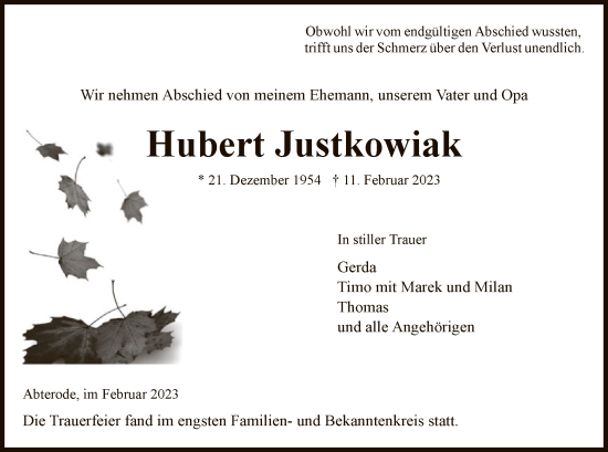 Traueranzeige von Hubert Justkowiak von WRS