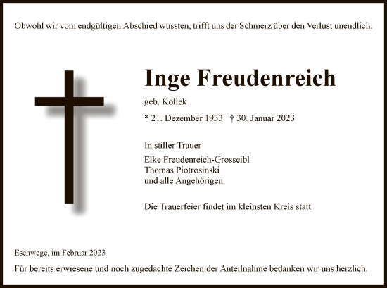 Traueranzeige von Inge Freudenreich von WRS