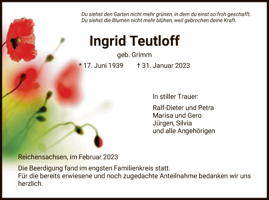 Traueranzeige von Ingrid Teutloff von WRS